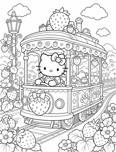 Hello Kitty In A Strawberry Tea Tram printable coloring page from the hello kitty coloring pages collection
