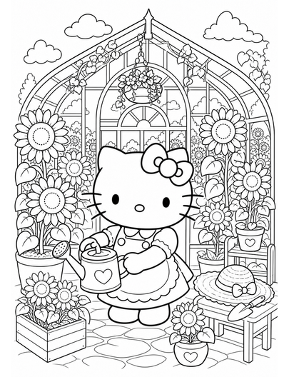 Hello Kitty In A Sunflower Glasshouse printable coloring page from the hello kitty coloring pages collection