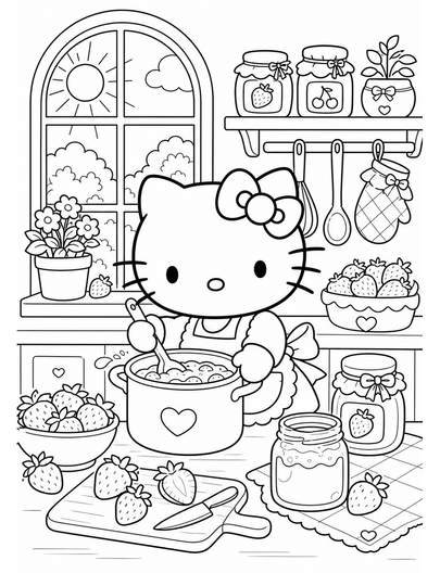 Hello Kitty In A Sunlit Jam Kitchen printable coloring page from the hello kitty coloring pages collection