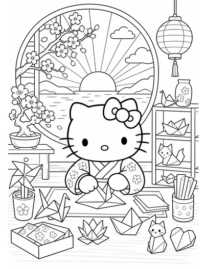 Hello Kitty In A Sunrise Origami Workshop printable coloring page from the hello kitty coloring pages collection