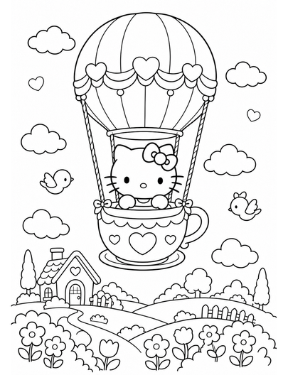 Hello Kitty In A Teacup Hot Air Balloon printable coloring page from the hello kitty coloring pages collection