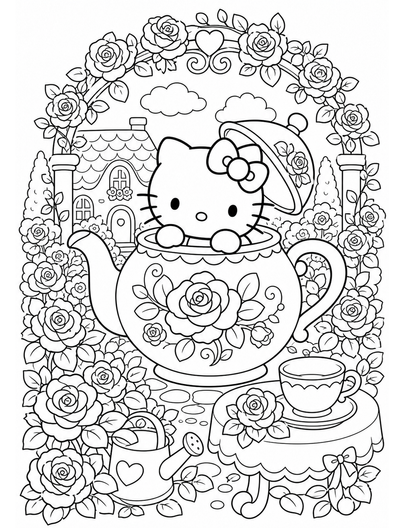Hello Kitty In A Teapot Rose Garden printable coloring page from the hello kitty coloring pages collection
