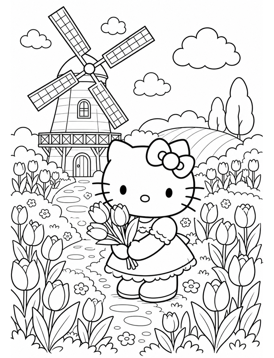 Hello Kitty In A Tulip Windmill Garden printable coloring page from the hello kitty coloring pages collection