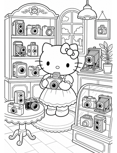 Hello Kitty In A Vintage Camera Shop printable coloring page from the hello kitty coloring pages collection