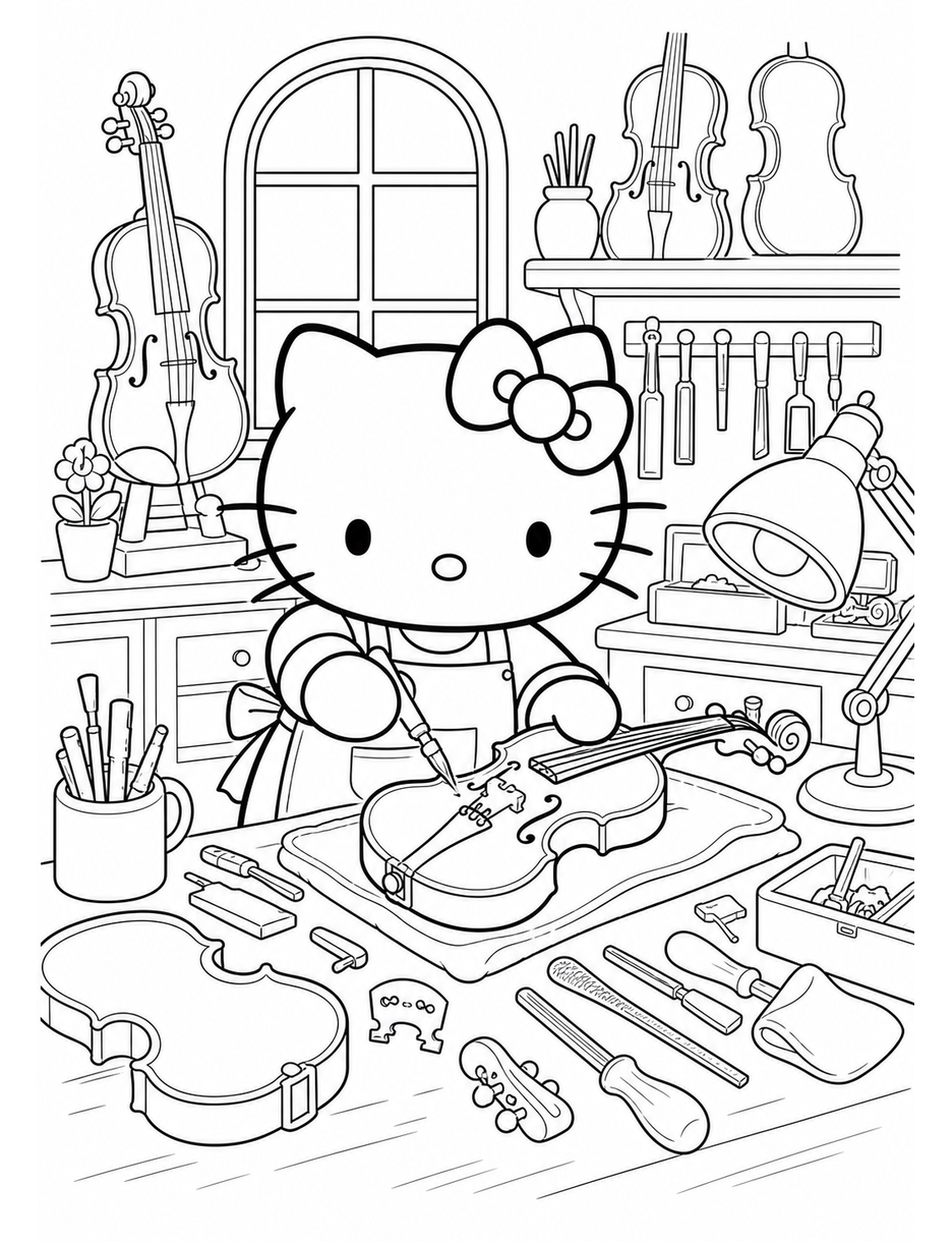 Hello Kitty In A Violin Repair Atelier printable coloring page from the hello kitty coloring pages collection