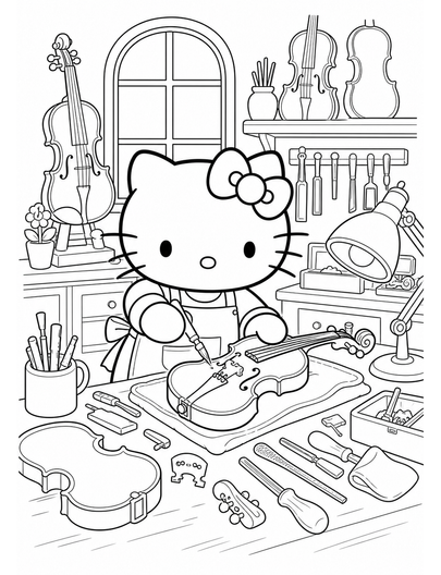 Hello Kitty In A Violin Repair Atelier printable coloring page from the hello kitty coloring pages collection