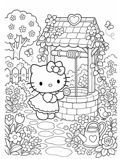 Hello Kitty In A Wishing Well Garden printable coloring page from the hello kitty coloring pages collection