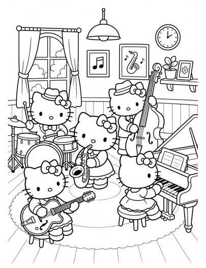Hello Kitty Jazz Band Rehearsal printable coloring page from the hello kitty coloring pages collection