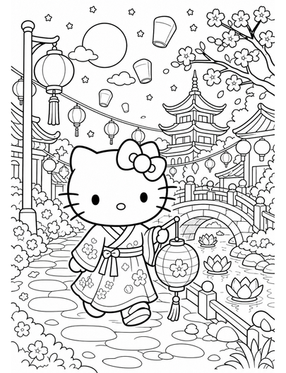 Hello Kitty Lantern Festival Night Walk printable coloring page from the hello kitty coloring pages collection