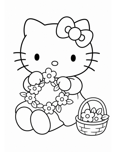 Hello Kitty Making A Flower Crown printable coloring page from the hello kitty coloring pages collection