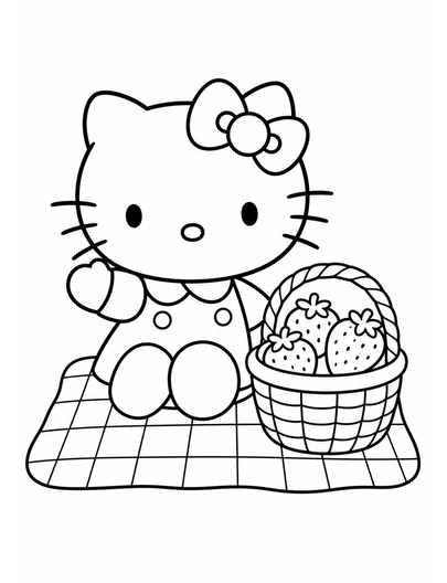 Hello Kitty Picnic With A Strawberry Basket printable coloring page from the hello kitty coloring pages collection