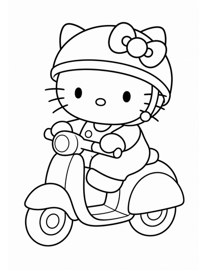 Hello Kitty Riding A Scooter With A Helmet printable coloring page from the hello kitty coloring pages collection