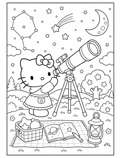 Hello Kitty Stargazing With A Telescope printable coloring page from the hello kitty coloring pages collection