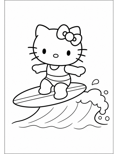 Hello Kitty Surfing A Small Wave printable coloring page from the hello kitty coloring pages collection