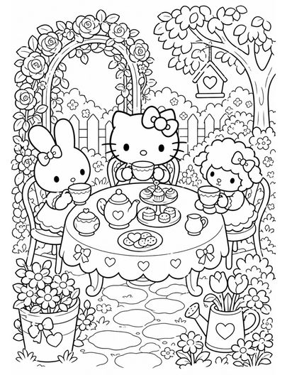 Hello Kitty Tea Party In A Cozy Garden printable coloring page from the hello kitty coloring pages collection