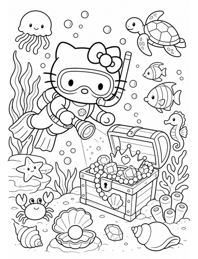 Hello Kitty Underwater Treasure Hunt printable coloring page from the hello kitty coloring pages collection