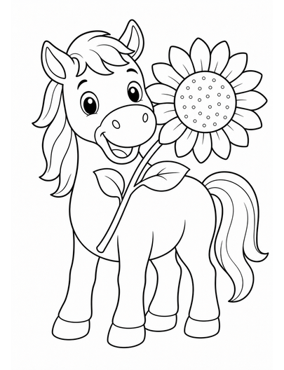 Happy Horse With A Big Sunflower printable coloring page from the horse coloring pages collection