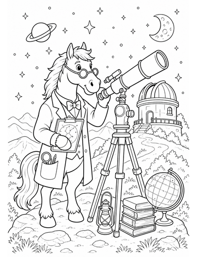 Horse Astronomer At Hilltop Observatory printable coloring page from the horse coloring pages collection