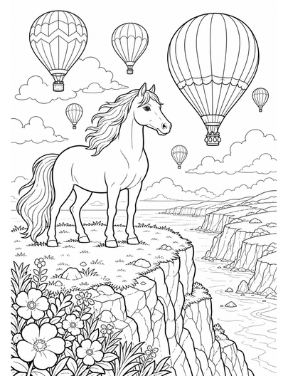 Horse At A Cliffside Balloon Festival printable coloring page from the horse coloring pages collection