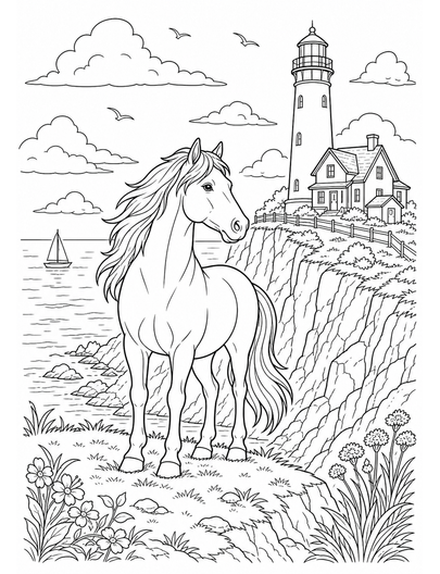 Horse At A Cliffside Lighthouse printable coloring page from the horse coloring pages collection