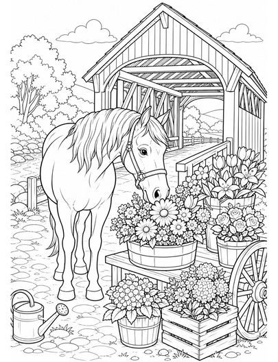 Horse At A Covered Bridge Flower Stall printable coloring page from the horse coloring pages collection