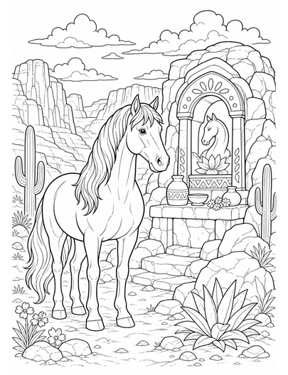 Horse At A Desert Canyon Shrine printable coloring page from the horse coloring pages collection