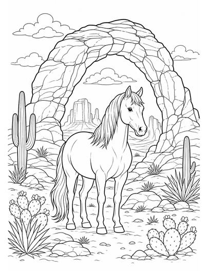 Horse At A Desert Stone Arch printable coloring page from the horse coloring pages collection