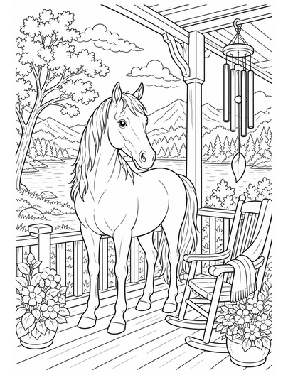 Horse At A Lakeside Wind Chime Porch printable coloring page from the horse coloring pages collection