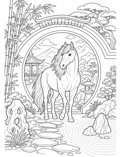Horse At A Moon Gate Zen Garden printable coloring page from the horse coloring pages collection