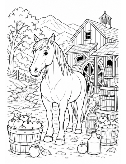 Horse At A Mountain Apple Cider Mill printable coloring page from the horse coloring pages collection