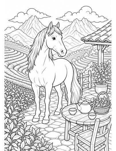 Horse At A Mountain Tea Terrace printable coloring page from the horse coloring pages collection