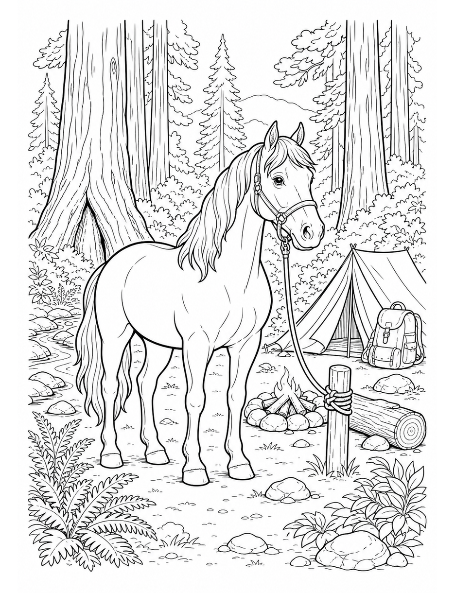 Horse At A Redwood Forest Campsite printable coloring page from the horse coloring pages collection