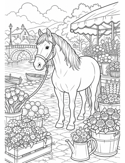 Horse At A Riverside Flower Market printable coloring page from the horse coloring pages collection