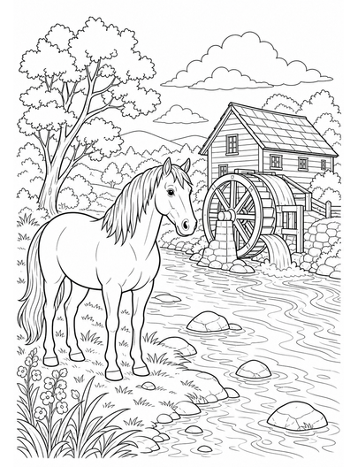 Horse At A Riverside Watermill printable coloring page from the horse coloring pages collection