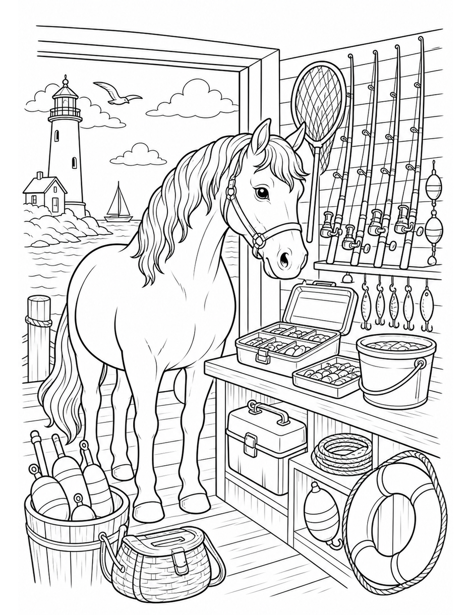 Horse At A Seaside Tackle Shop printable coloring page from the horse coloring pages collection