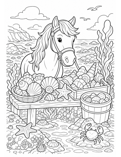 Horse At A Tidal Pool Shell Market printable coloring page from the horse coloring pages collection