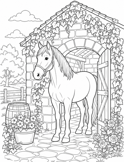 Horse At A Vine-Covered Stone Stable printable coloring page from the horse coloring pages collection