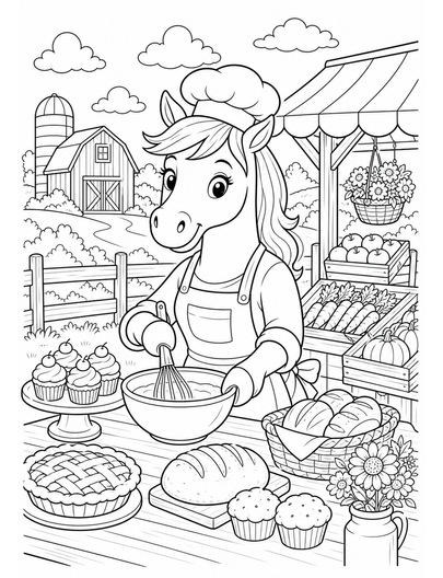Horse Baker At A Country Farmstand printable coloring page from the horse coloring pages collection