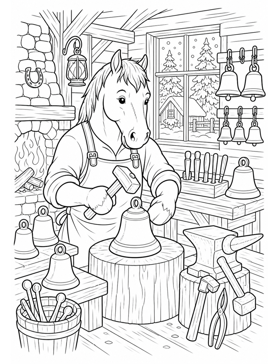Horse Bellmaker In A Winter Workshop printable coloring page from the horse coloring pages collection