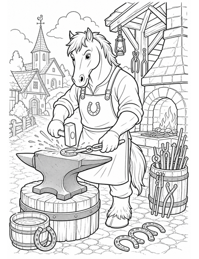 Horse Blacksmith At A Village Forge printable coloring page from the horse coloring pages collection
