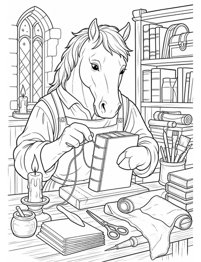 Horse Bookbinder In A Candlelit Study printable coloring page from the horse coloring pages collection