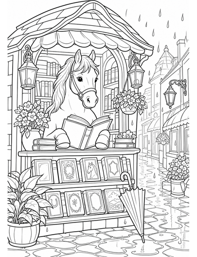 Horse Bookshop In A Rainy Alley printable coloring page from the horse coloring pages collection