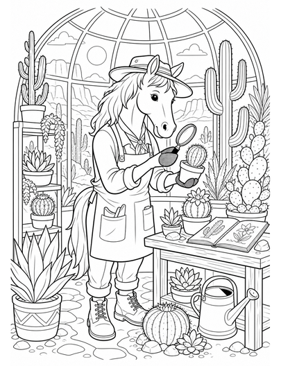 Horse Botanist In A Desert Conservatory printable coloring page from the horse coloring pages collection