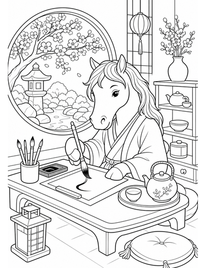 Horse Calligrapher In A Tea House printable coloring page from the horse coloring pages collection