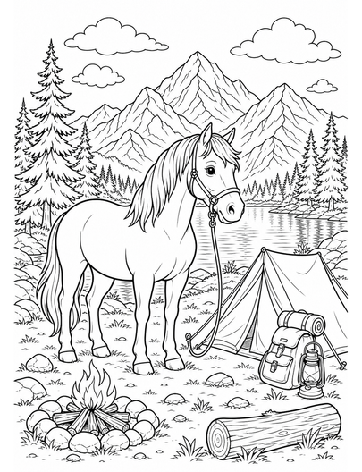 Horse Camping By An Alpine Lake printable coloring page from the horse coloring pages collection