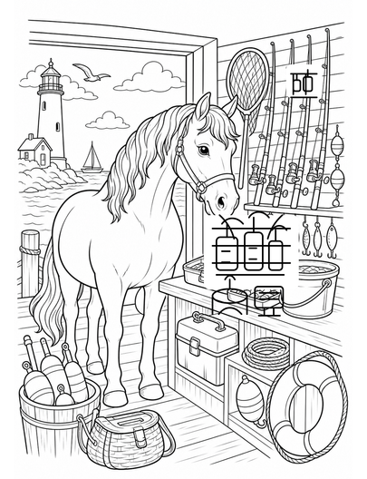 Horse Candlemaker In A Harbor Workshop printable coloring page from the horse coloring pages collection