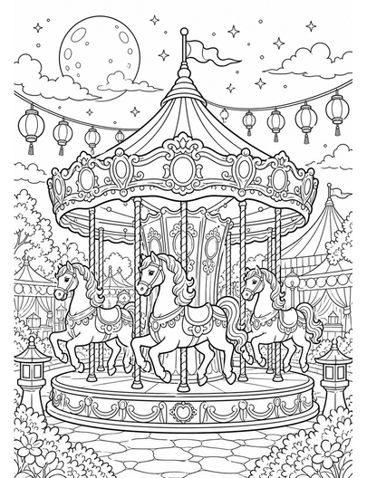 Horse Carousel At Moonlit Festival printable coloring page from the horse coloring pages collection