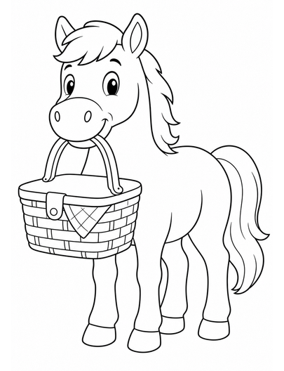 Horse Carrying A Picnic Basket printable coloring page from the horse coloring pages collection