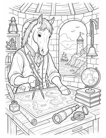 Horse Cartographer In A Coastal Watchtower printable coloring page from the horse coloring pages collection
