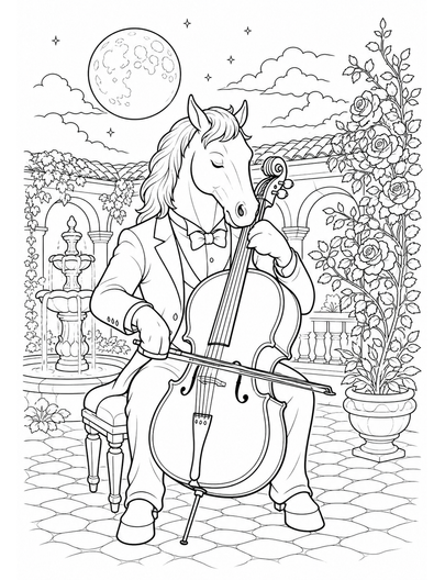 Horse Cellist In A Moonlit Courtyard printable coloring page from the horse coloring pages collection